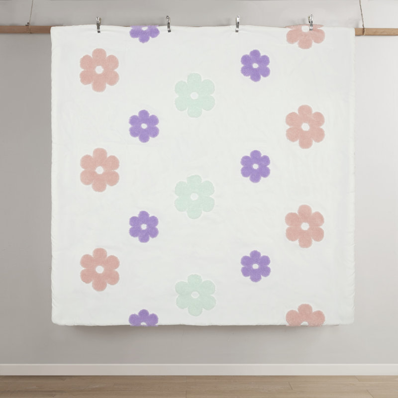 Twin White and Purple Floral Tufted Chenille Duvet Cover Set