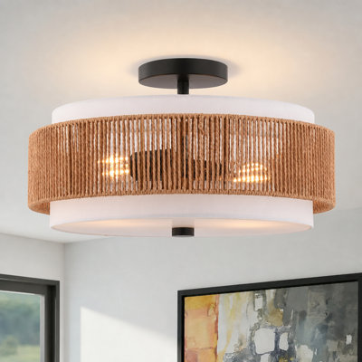 Luminaire à 2 lumières de 16 po Abbotsford Large plafonnier semi-encastré moderne Mid-Century noir avec tambour en rotin et lin blanc, se convertit en suspension