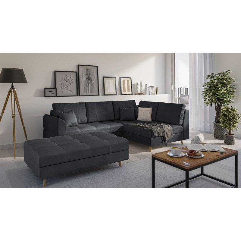 Scandinavian Corner Sofa with Footstool, Anthracite, Right Hand Facing