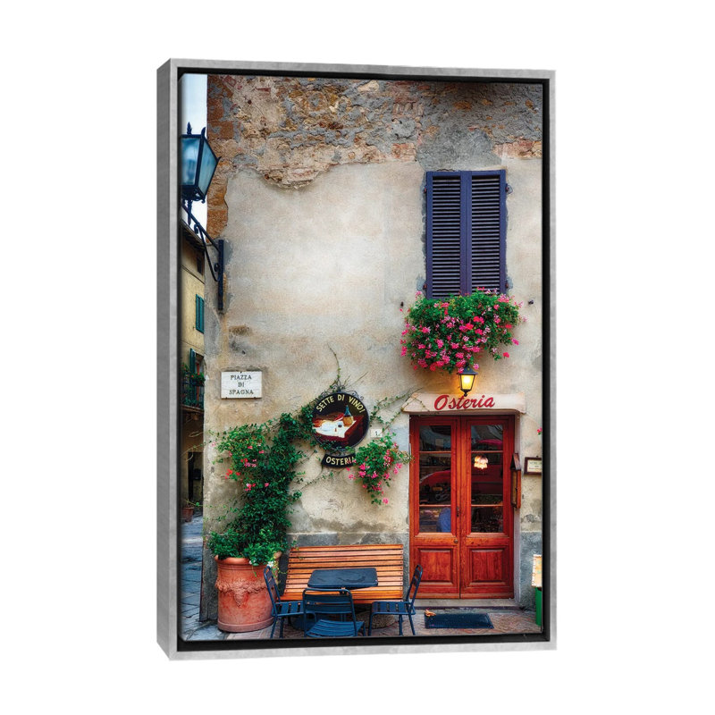 Bâtiment de restaurant pittoresque à Pienza, Toscane, Italie par George Oze-impression, Toile avec cadre argenté