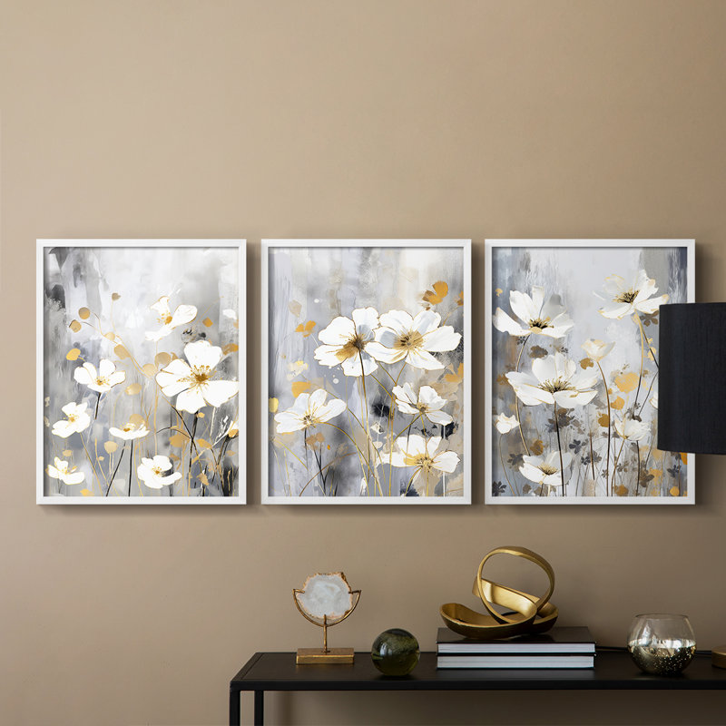 Étude florale Cxxxvi -Set de 3 estampes giclées encadrées -Prêt à, Blanc, H 10 po x l 8 po