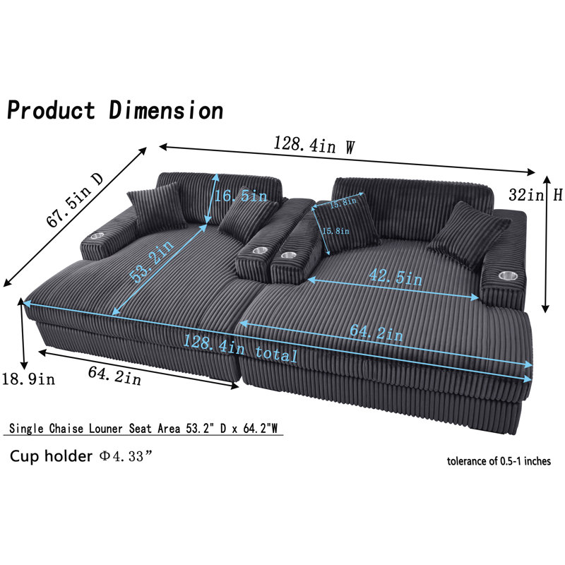 Corduroy Double-size Upholstered Chaise Lounge Sofa with Cup Holders, Dark Gray
