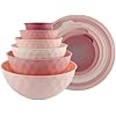 Mixing Bowls With Lids - 12 Piece Plastic Nesting Bowls Set Includes 6 Prep Bowls And 6 Lids, Non Slip Bottom And Diamond Design - Microwave Safe