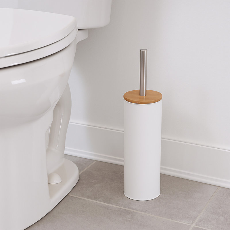 Ensemble de brosse et porte-toilette en métal avec couvercle en bambou, Blanc