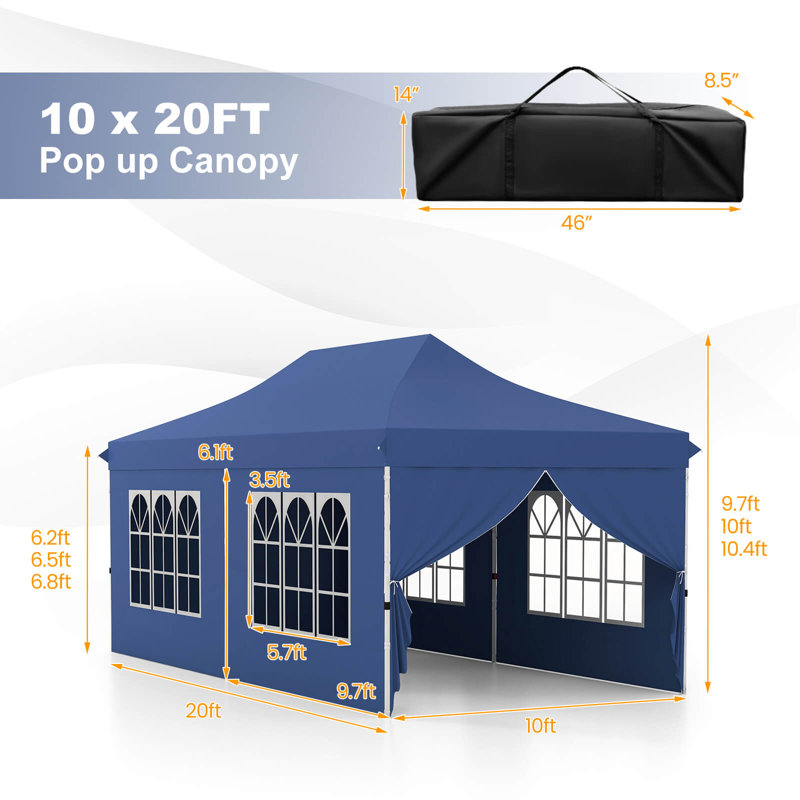 10 X 20ft Pop Up Canopy Outdoor Canopy Tent With 6 Sidewalls Carrying Bag, Blue