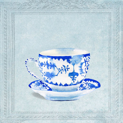 Reproduction d'affiche de tasse à thé bleue et blanche à l'aquarelle par Anna Dolzhenko (18 x 18) # FAF1552