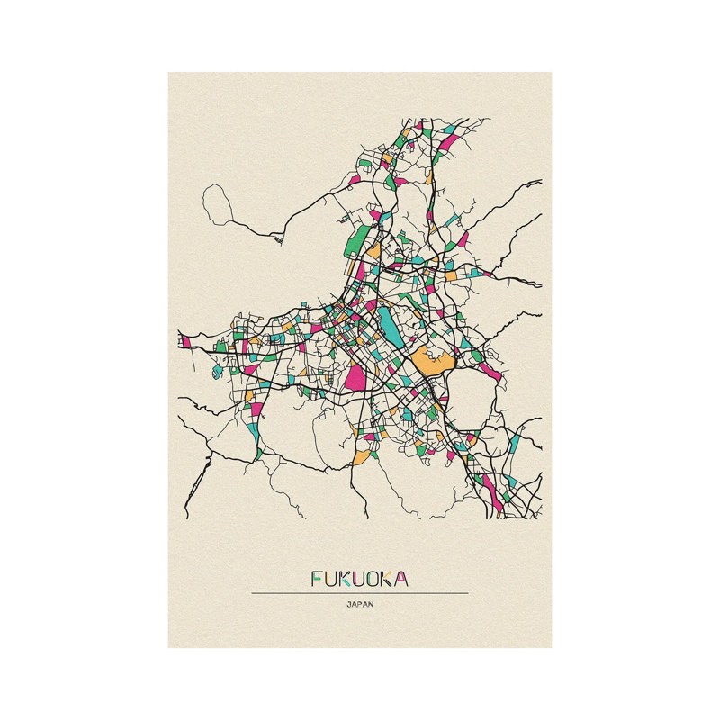 Fukuoka, Japan Map by Ayse Deniz Akerman - Wrapped Canvas Print