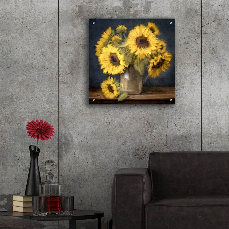  «Sunflowers In Pitcher» par Ashley Bradley, art mural en verre acrylique, 24 po x 24 po
