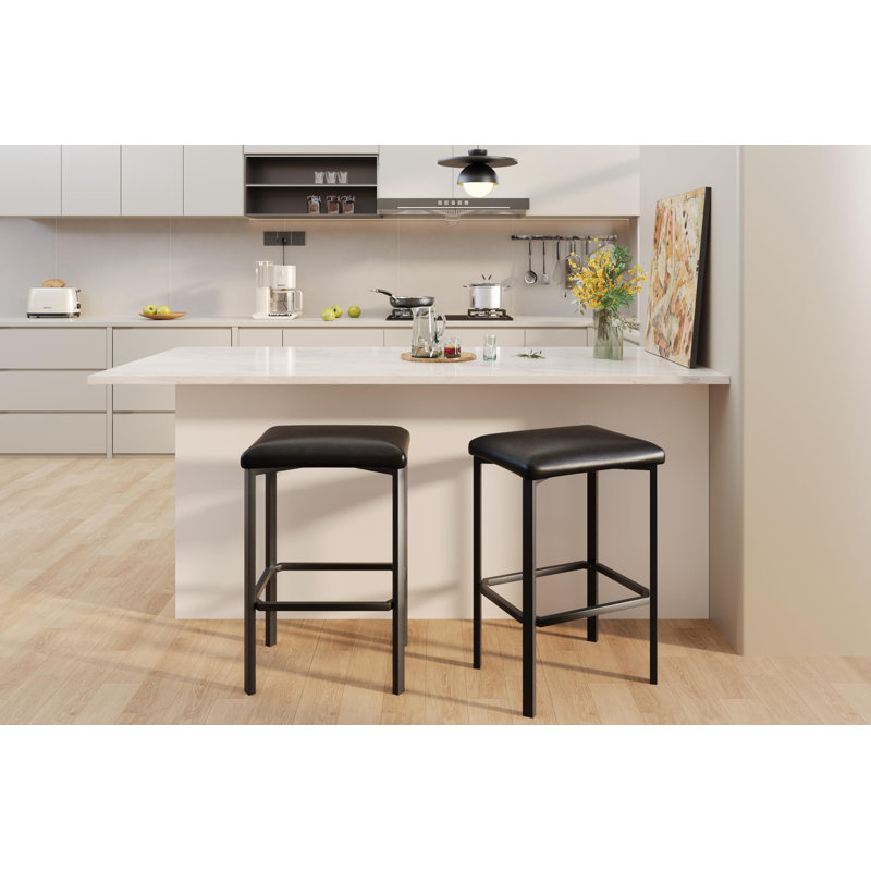 24" Bar Stools, PU Leather Counter Height Chairs with 2" Thick Cushion & Metal Frame for Kitchen Island, Black, 2