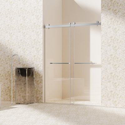 Frameless Double Sliding Shower Door In Brushed Gold, 56-60 Inches Width, 76 Inches Height, 3/8 Inches Thick Tempered Glass, Reversible Installation