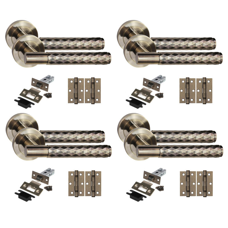 Golden Grace 4 Set Knurled Diamond Cut T-Bar Door Handle Set with Ball Bearing Hinges and Latch