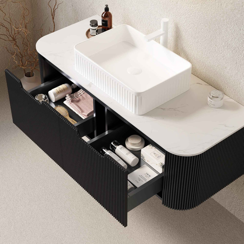 Meuble-lavabo de salle de bain 48 po avec lavabo, armoire de rangement murale à bords arrondis avec 2 tiroirs, lavabo rectangulaire en céramique blanc, sans robinet, pré-assemblé