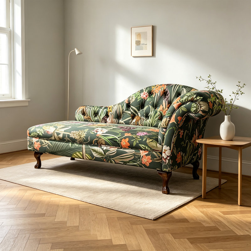 Chaise longue rétro en mélange de lin et bois massif vert, Left Hand Facing