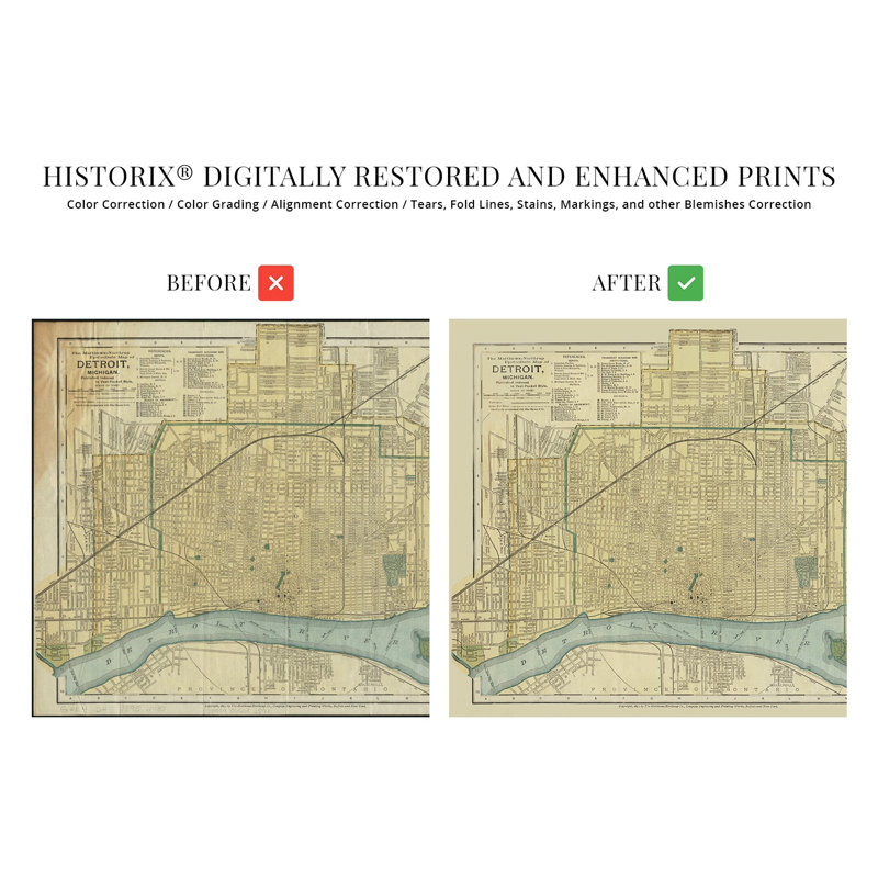 1895 - Carte de Détroit, Michigan, H 18 po x l 24 po