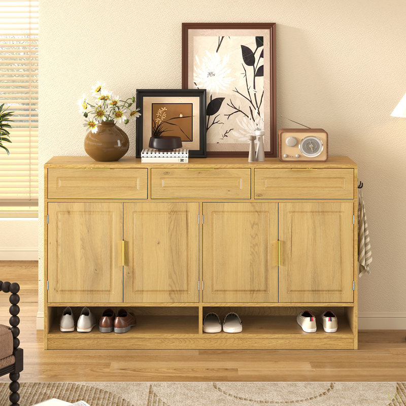 Farmhouse Sideboard With 3 Drawers & 4 Doors,59.1" Multi-Functional Storage Buffet With Adjustable Shelf And Open Storage Compartments, Suitable For Dining Room, Living Room, Entryway
