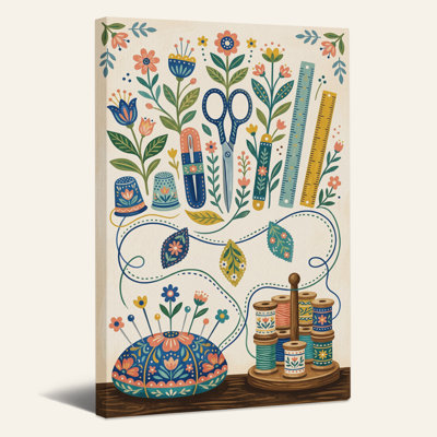 Floral Sewing Tools in Folk Art Style Canvas Wall Art