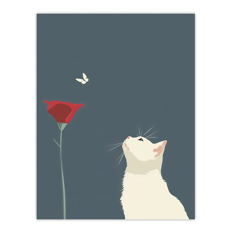 Tulip Flower and Butterfly Cat Lover Design Wall Art Print