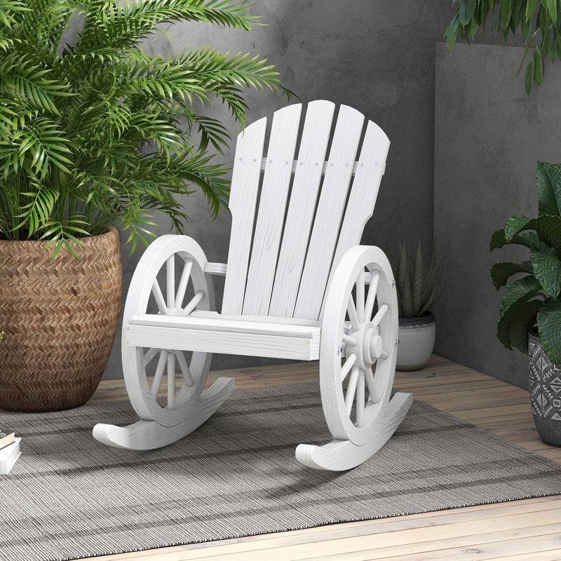 Wooden Rocking Chair, Adirondack Rocker Chair W/ Slatted Design And Oversized Back, Outdoor Rocking Chair With Wagon Wheel Armrest For Porch, Poolside, And Garden