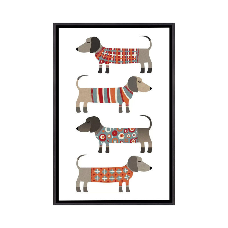 «Sausage Dogs in Pulls» par Nic Squirrell - impression, H 48 po x l 32 po x P 1,5 po, Toile avec cadre noir patiné