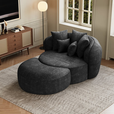 2-Piece Curved Chenille Sofa Chair with Crescent Ottoman, Accent Chair for Living Room