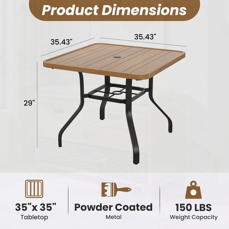 Table de salle à manger d'extérieur avec trou pour parasol, texture semblable au bois et structure en métal toutes saisons pour la piscine, la terrasse et le porche