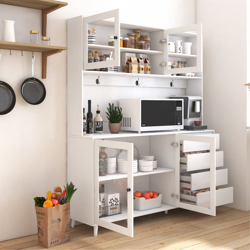 Grand placard de cuisine l 63 po, armoire de rangement autoportante avec 4 portes, 4 tiroirs et tablette à micro-ondes, Blanc