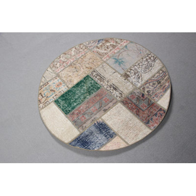 Antique Beige Wool Patchwork Rug for Entryway in Round Turkish Style Small Size