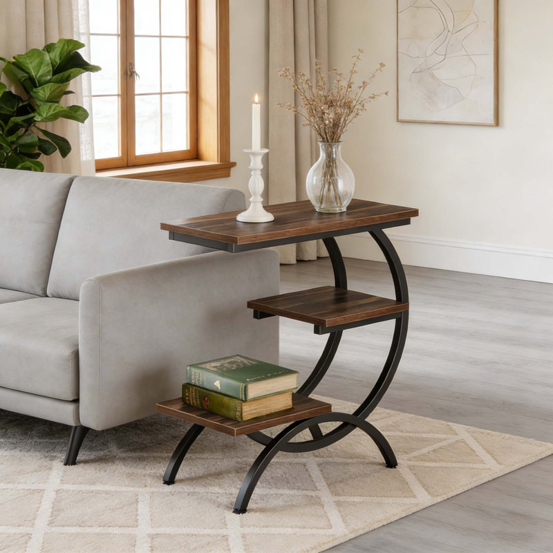Table d'appoint industrielle à 3 niveaux en forme de C pour les petits espaces, Marron foncé