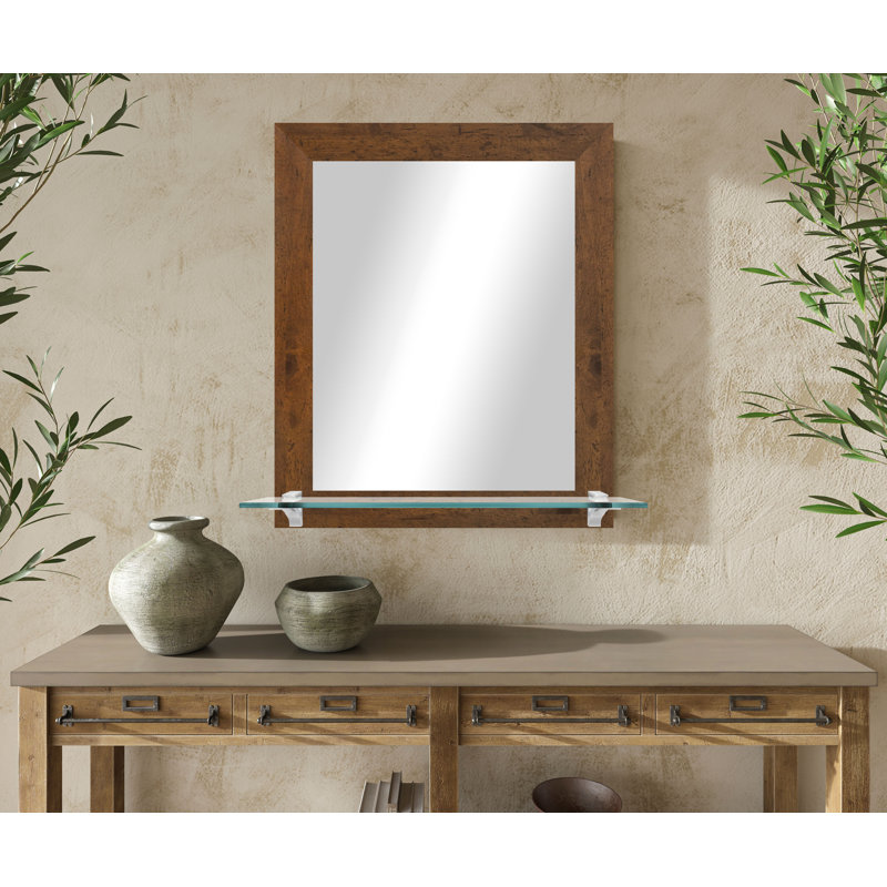 Miroir Millwood Pines avec tablette en verre, Light Walnut/Chrome