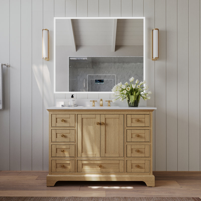 Ensemble de meuble-lavabo simple 48 po Varna, Chêne / or rose, Quartz blanc pur