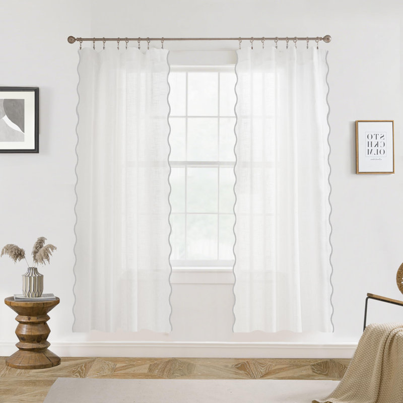 Rideaux semi-transparents en lin à bordure festonnée pour fenêtre de chambre à coucher avec passe-tringle, Lin / taupe