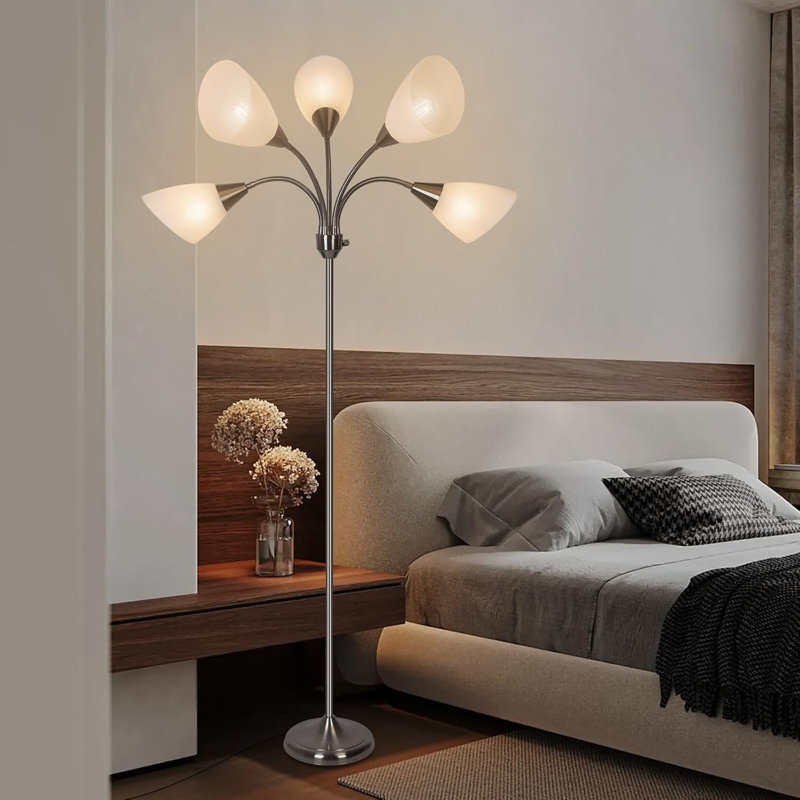 Medusa 5-Head Adjustable Floor Lamp With Large Shade, Flexible Gooseneck Reading Light, E26 Bulb Compatible, 4-Way Rotary Switch, Satin Nickel Finish For Living Room, Bedroom