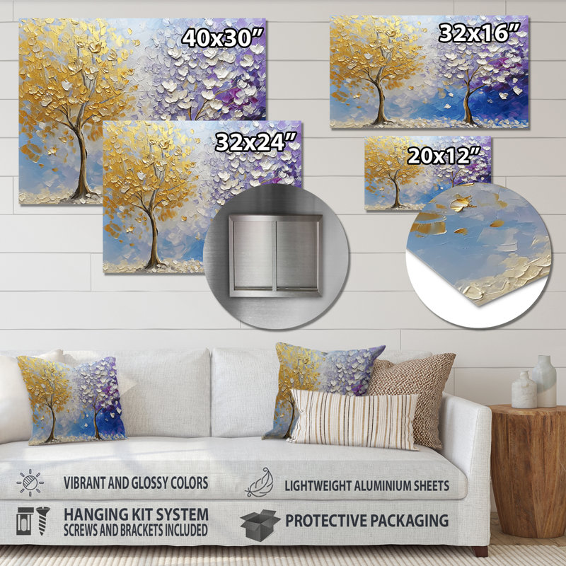 Arbre d'automne jaune et mauve - arbre, art mural, salon, Sans cadre, métal, H 12 po x l 20 po
