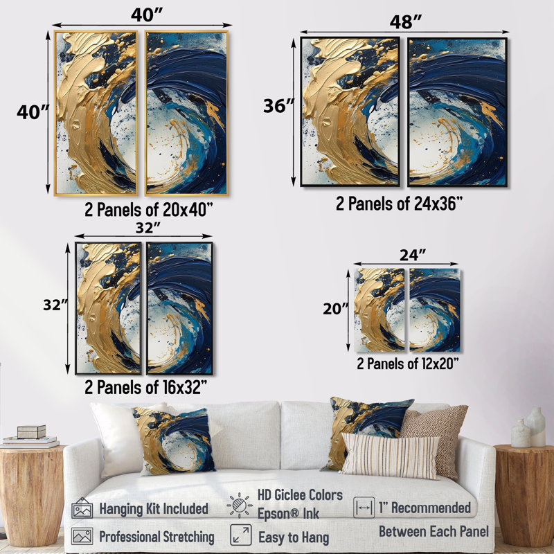 Bleu foncé et coups dorés VI - Grandes impressions abstraites sur 2 panneaux, 40" H x 40" W, Toile tendue, Ne s’applique pas