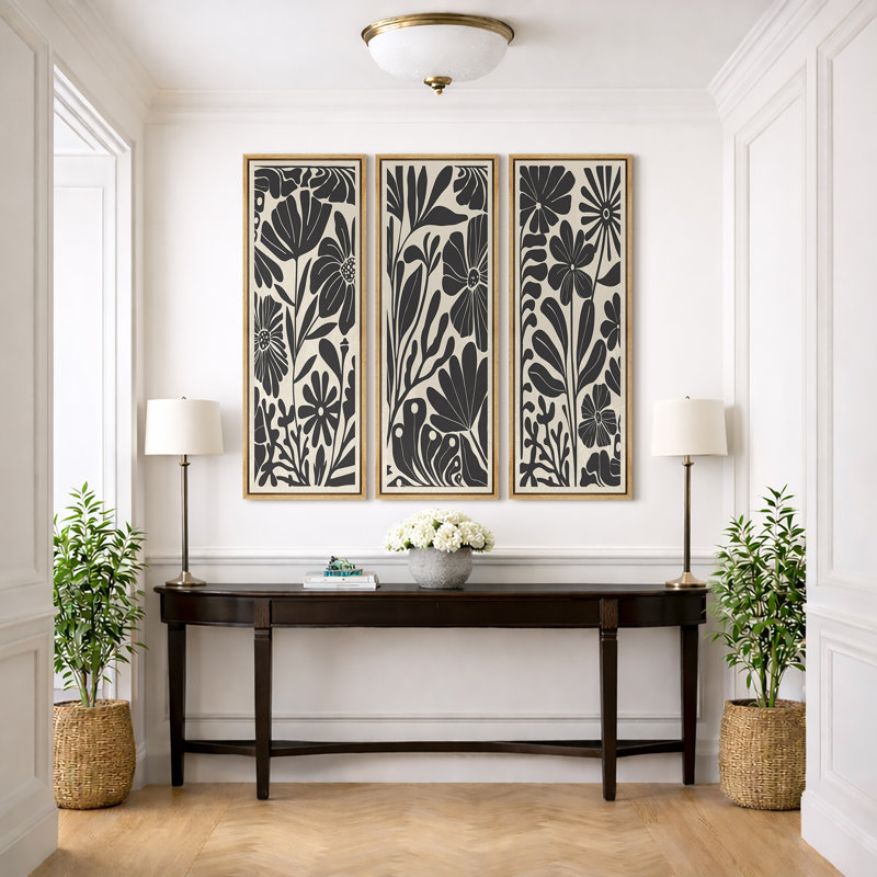 Abstract Botanical «Mid-Century Modern Boho Floral Artwork dessus du canapé, audacieuses photos de salon en noir et blanc, art numérique encadré sur toile 3 pièces
