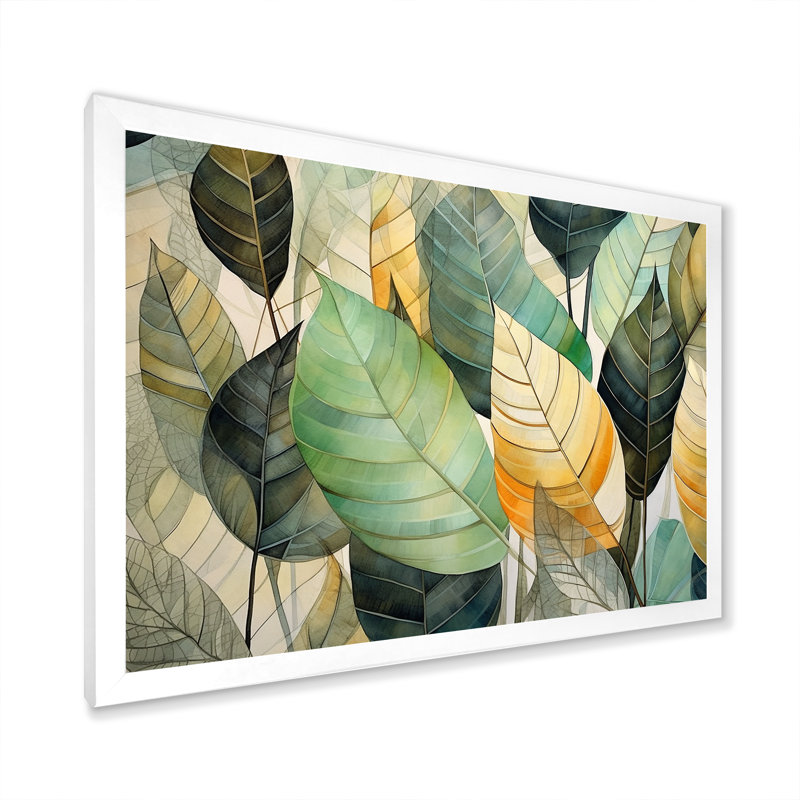 Feuilles vertes et jaunes tranquillité sur toile, Cadre simple blanc, H 24 po x l 32 po x P 1 po