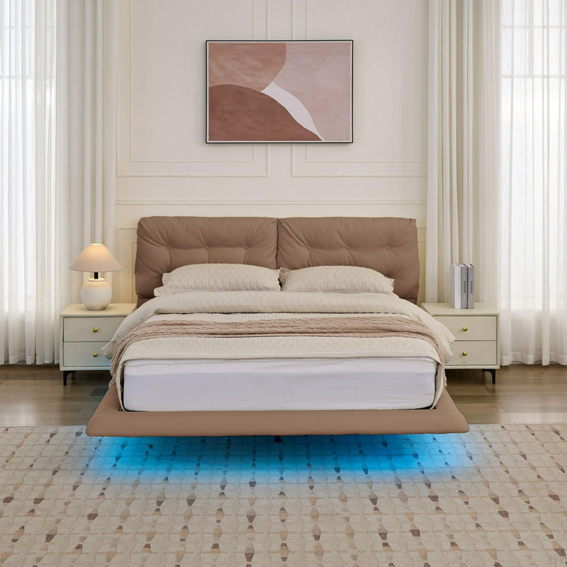 Structure de lit flottant pour grand lit avec lumières DEL, lit plateforme en cuir d'unité centrale avec tête de lit capitonnée, assemblage facile, aucun sommier tapissier requis