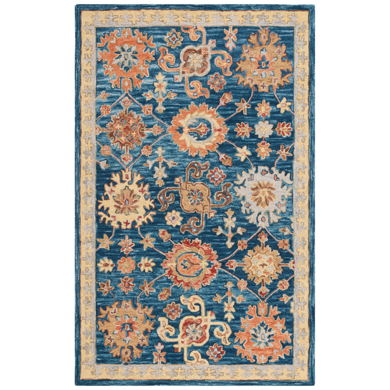 Monfiston Hand Tufted Wool Cotton Oriental Rug in Navy Blue/Brown, Runner 2'3" x 8'