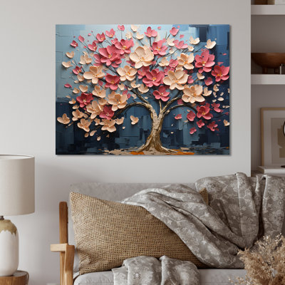 Arbre dynamique en pétales blancs et roses - art mural en métal