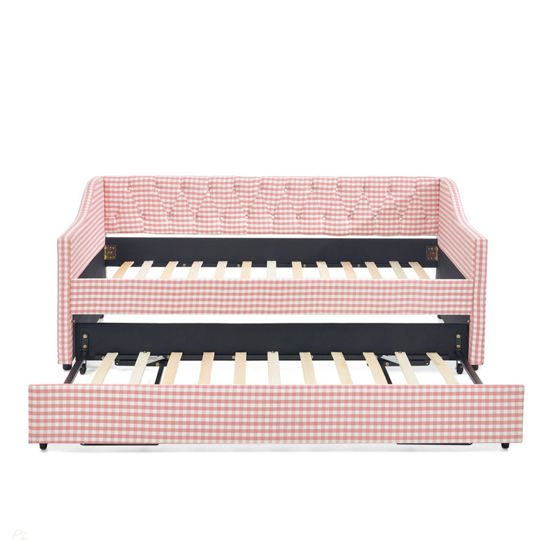 Lit de jour, lit de jour convertible rembourré avec dossier capitonné, canapé-lit polyvalent 3 en 1 avec lit gigogne escamotable et rangement latéral, parfait pour une vie compacte