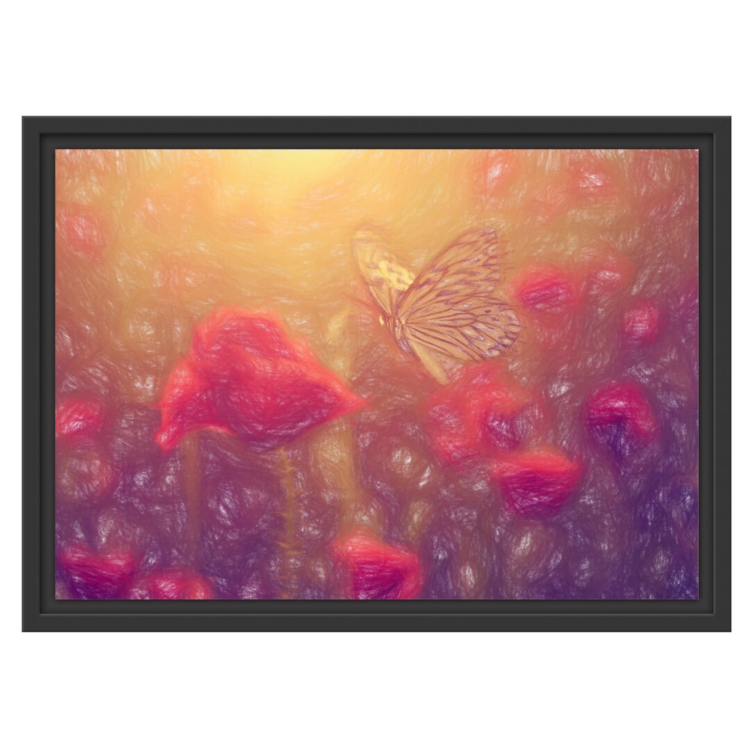 Gerahmtes Wandbild Mohn und Schmetterling