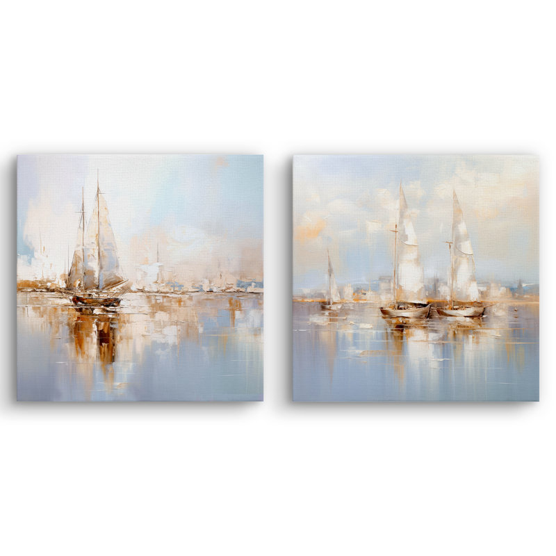 Art mural sur toile 12 x 12 avec voiliers blancs - ensemble de 2 - enveloppes de galerie - beige, bleu et gris - art mural côtier marin