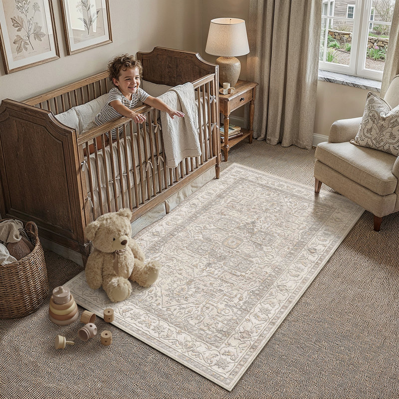 Tapis oriental lavable avec envers antidérapant Emery, Beige, Rectangulaire 3 pi x 5 pi