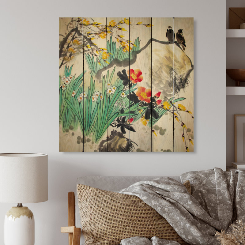 Peinture traditionnelle chinoise d'oiseaux - impression d'art mural traditionnel en bois, H 16 po x l 16 po x P 1 po