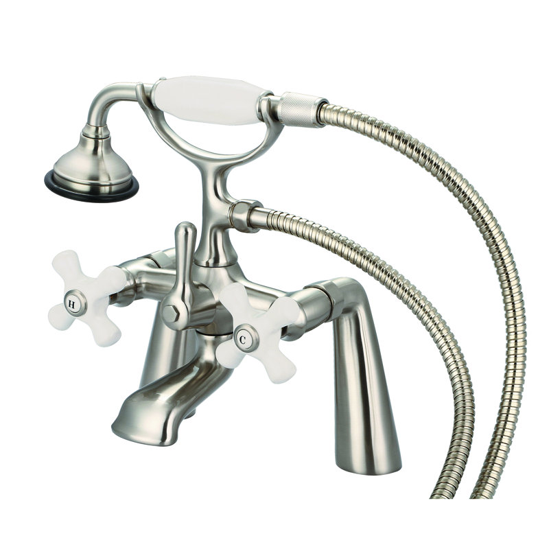 Stonington 3 Handle Deck Clawfoot Tub Faucet, Porcelain Cross Handles, Brushed Nickel
