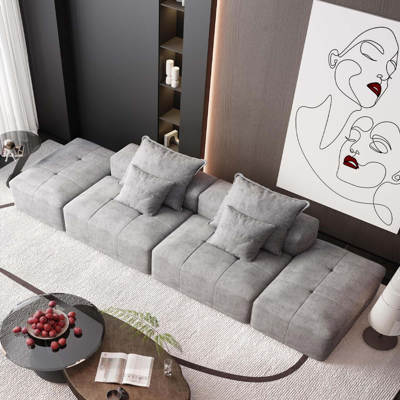 Canapé modulaire Boneless 4 pièces avec 2 repose-pieds, 2 sièges et 4 coussins, Chenille grise