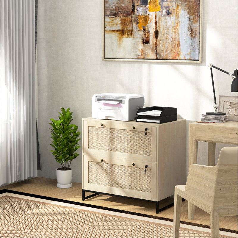 File Cabinet With Detailing - 2 Drawer Lockable Storage Adjustable Hanging Bar For Letter, A4, Legal Sizes Natural Finish Locking Unit Office Essentials Multiple Paper Formats Charisma