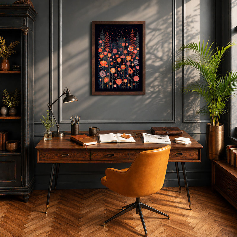 Enchanted Night Garden Botanical - Framed Print, Walnut, A3 - 42.0 x 29.7 cm