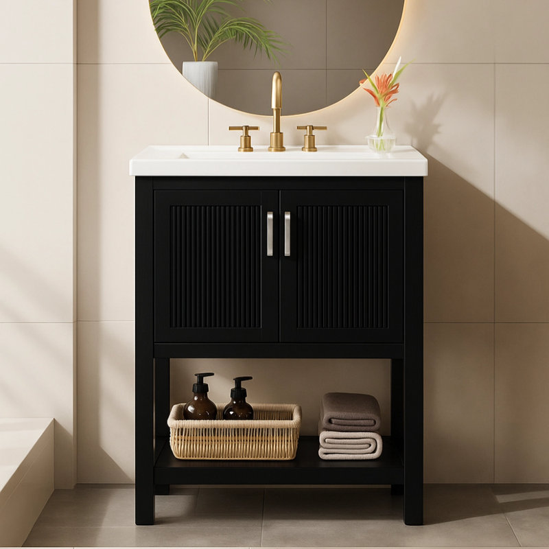 Meuble-lavabo simple 24 po avec comptoir en céramique, lavabo inclus, Noir / argenté, 24", 2