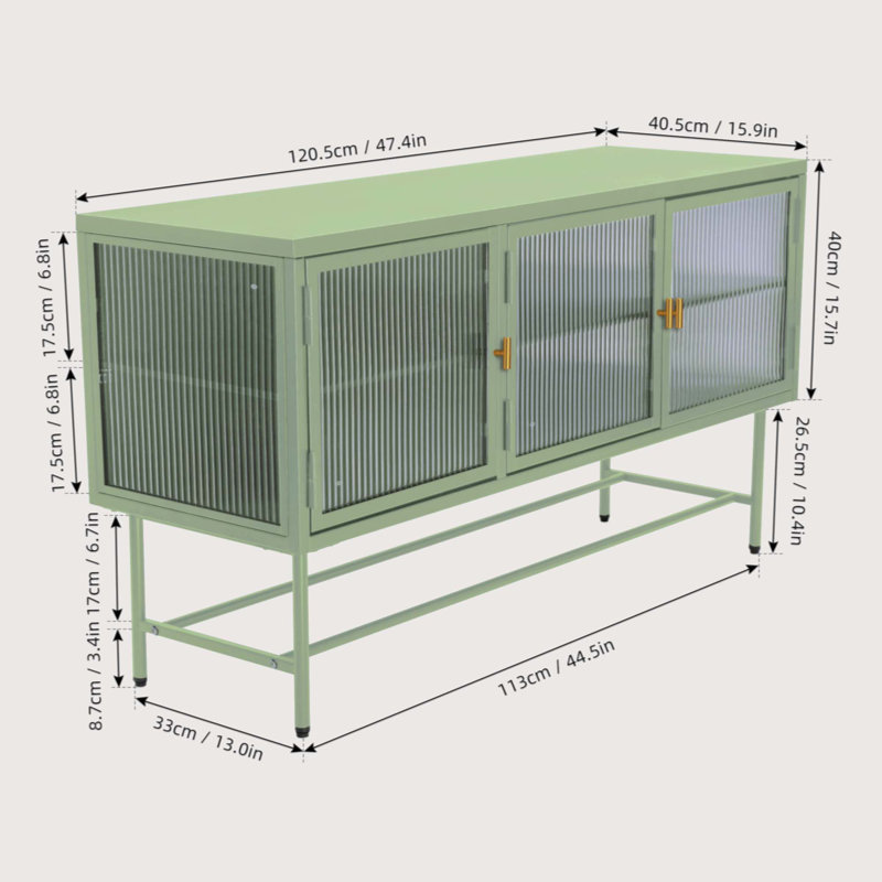 Meuble télé avec armoire de rangement fermée, Vert, Doré